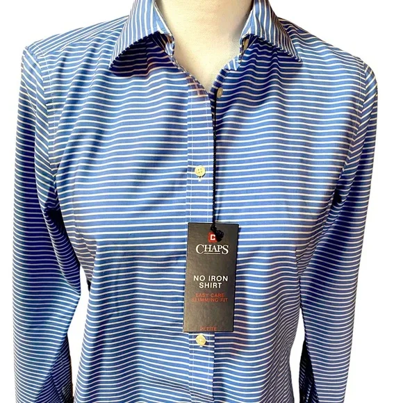CHAPS no iron button down shirt, petite medium, slimming fit, striped (NWT) - Picture 2 of 15